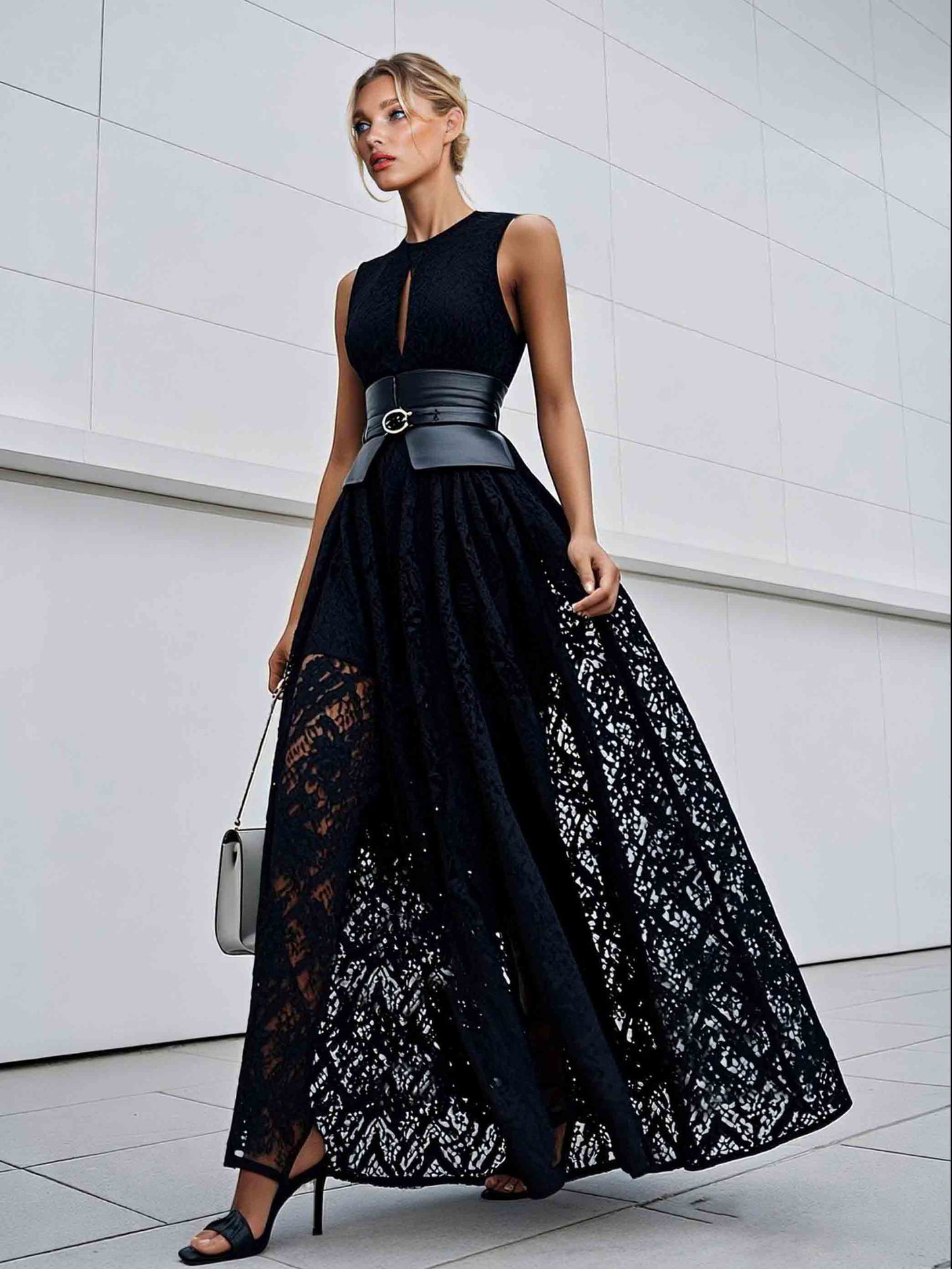 Elegant Cutout Neck Lace A-Line Maxi Dress Black