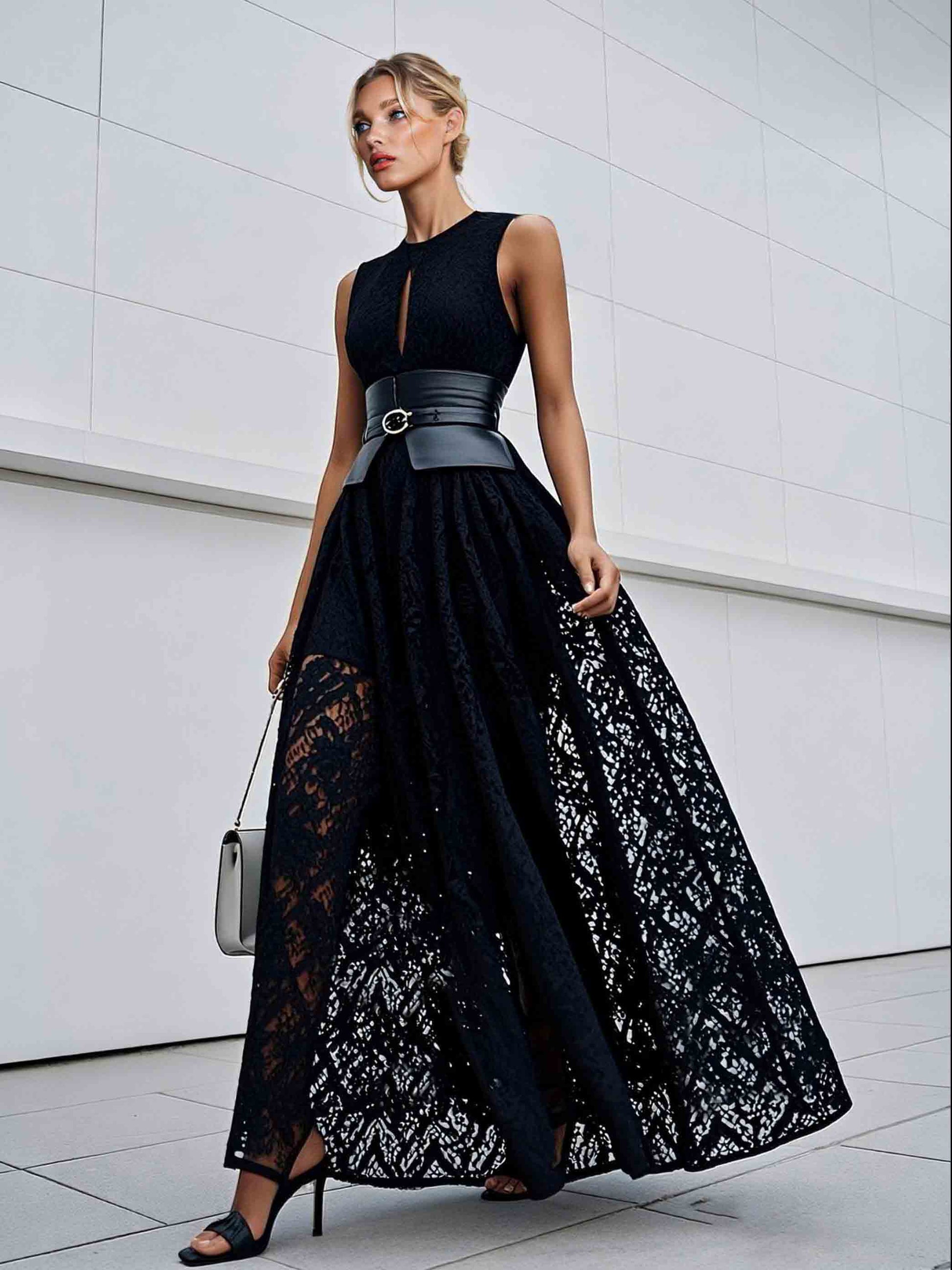 Elegant Cutout Neck Lace A-Line Maxi Dress Black