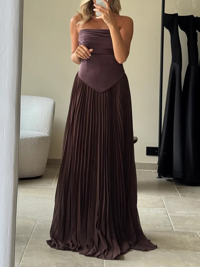 Elegant Off-The-Shoulder Draped Evening Maxi Dress Brown
