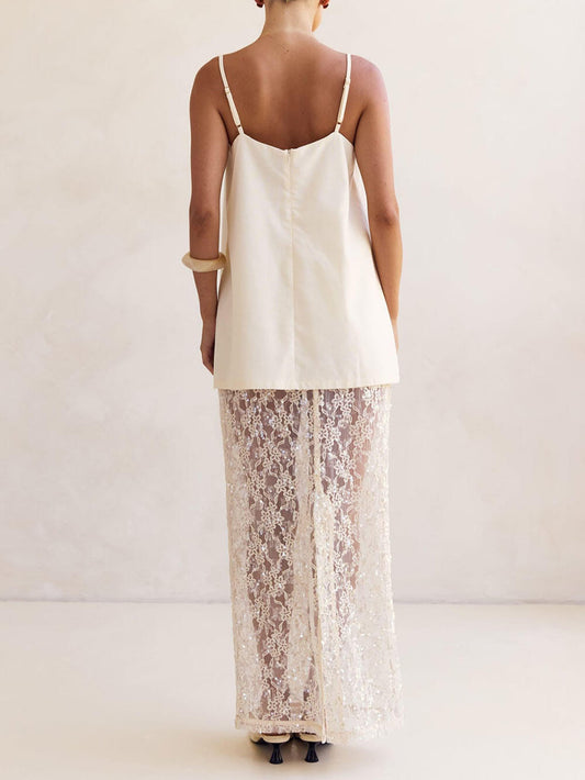 Elegant Off-Shoulder Strap A-Line Top Sheer Sequin Lace High-Waist Maxi Skirt Set