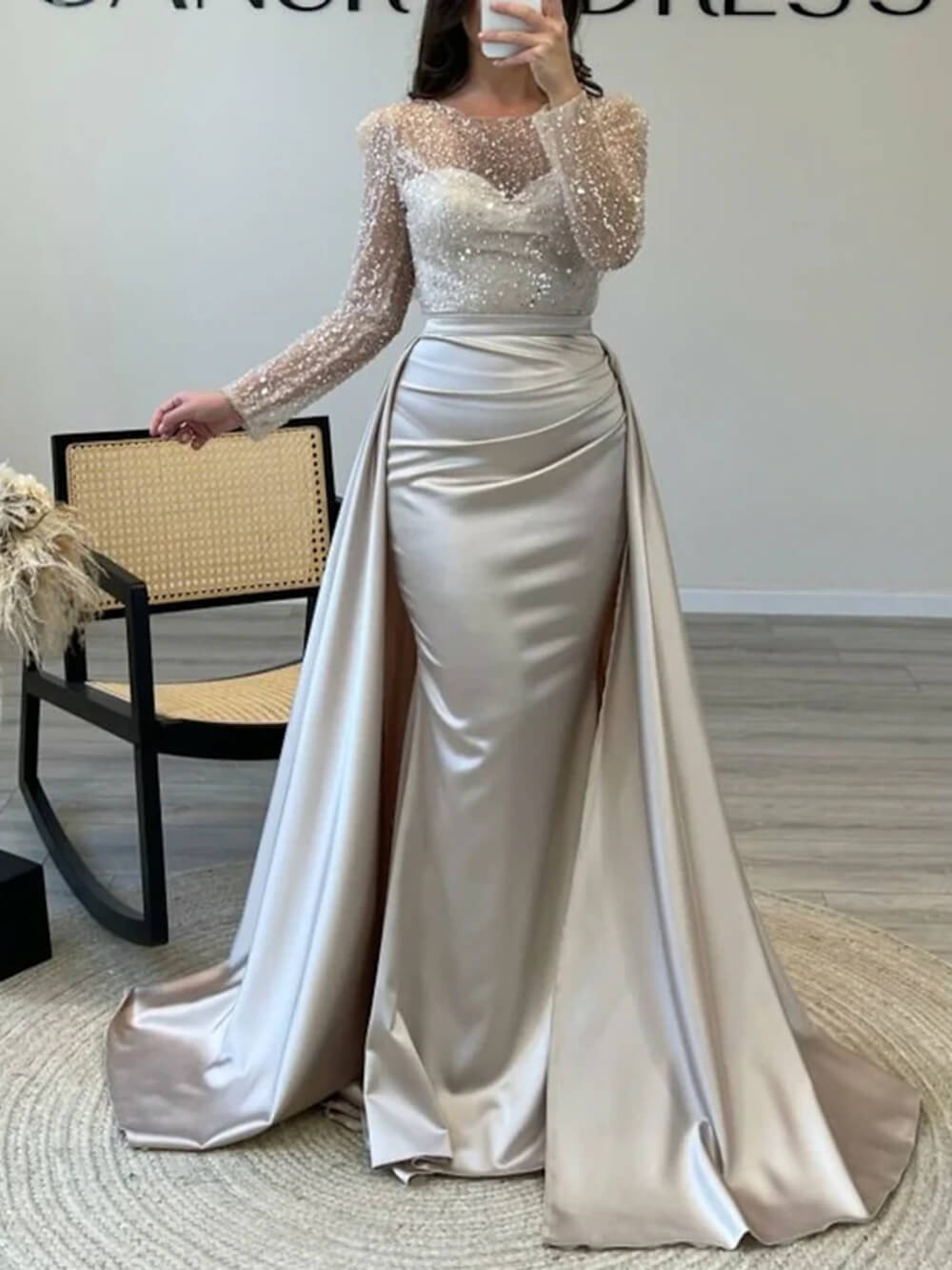 Exquisite Silver Sparkling Rhinestone Sheer Tulle Sleeve Party Maxi Dress Silver