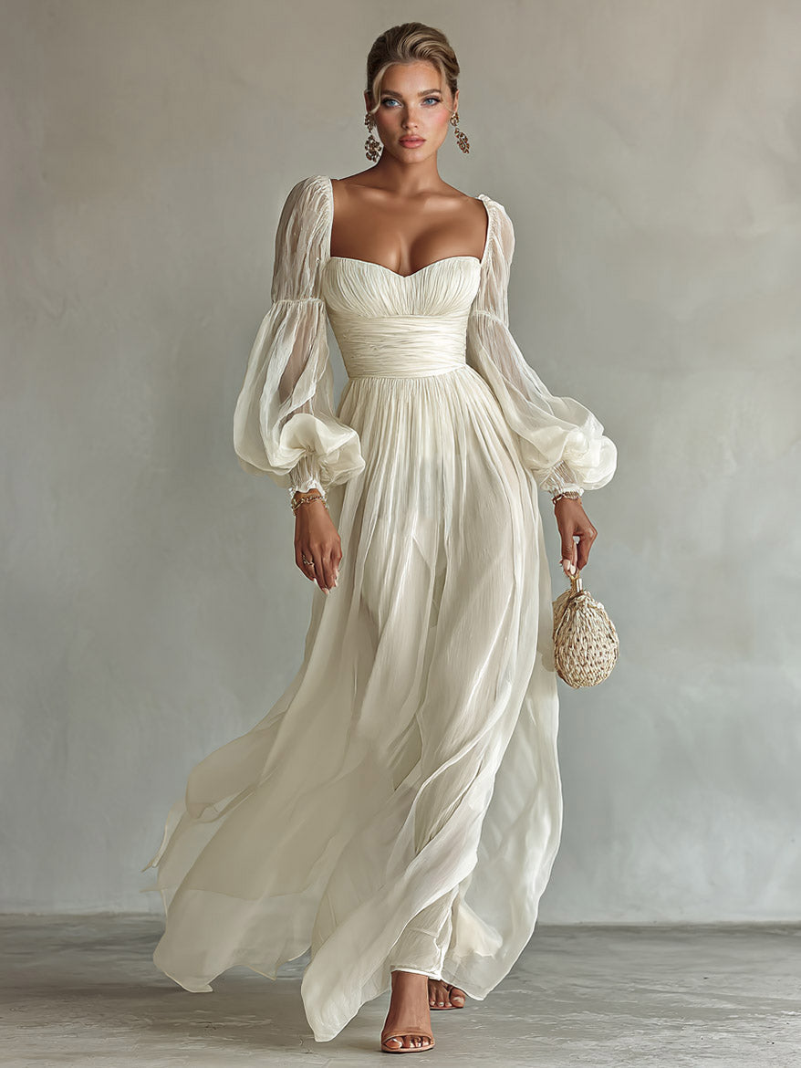 Bohemian Pleated Waist Puff Sleeve Chiffon Maxi Dress Beige