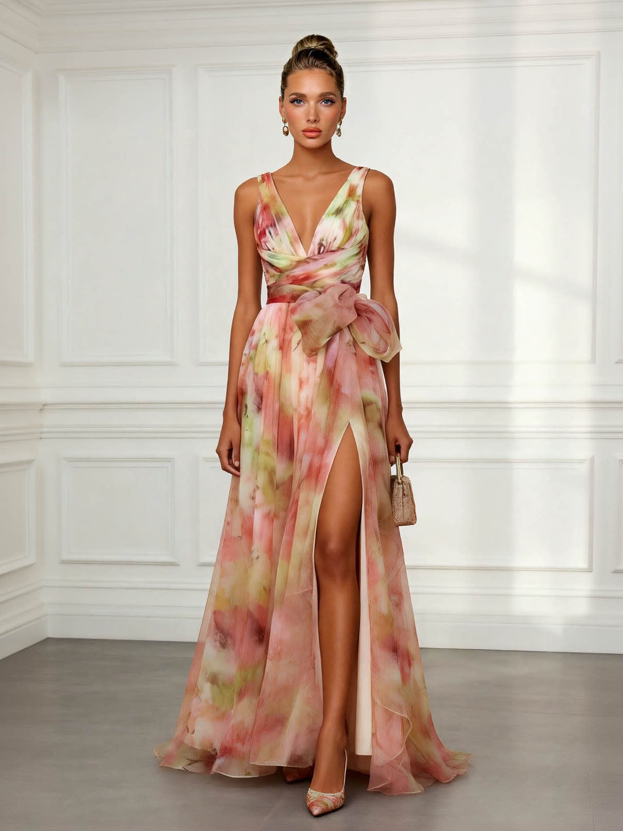 Elegant Abstract Print V-Neck Tie-Waist Maxi Dress Multi