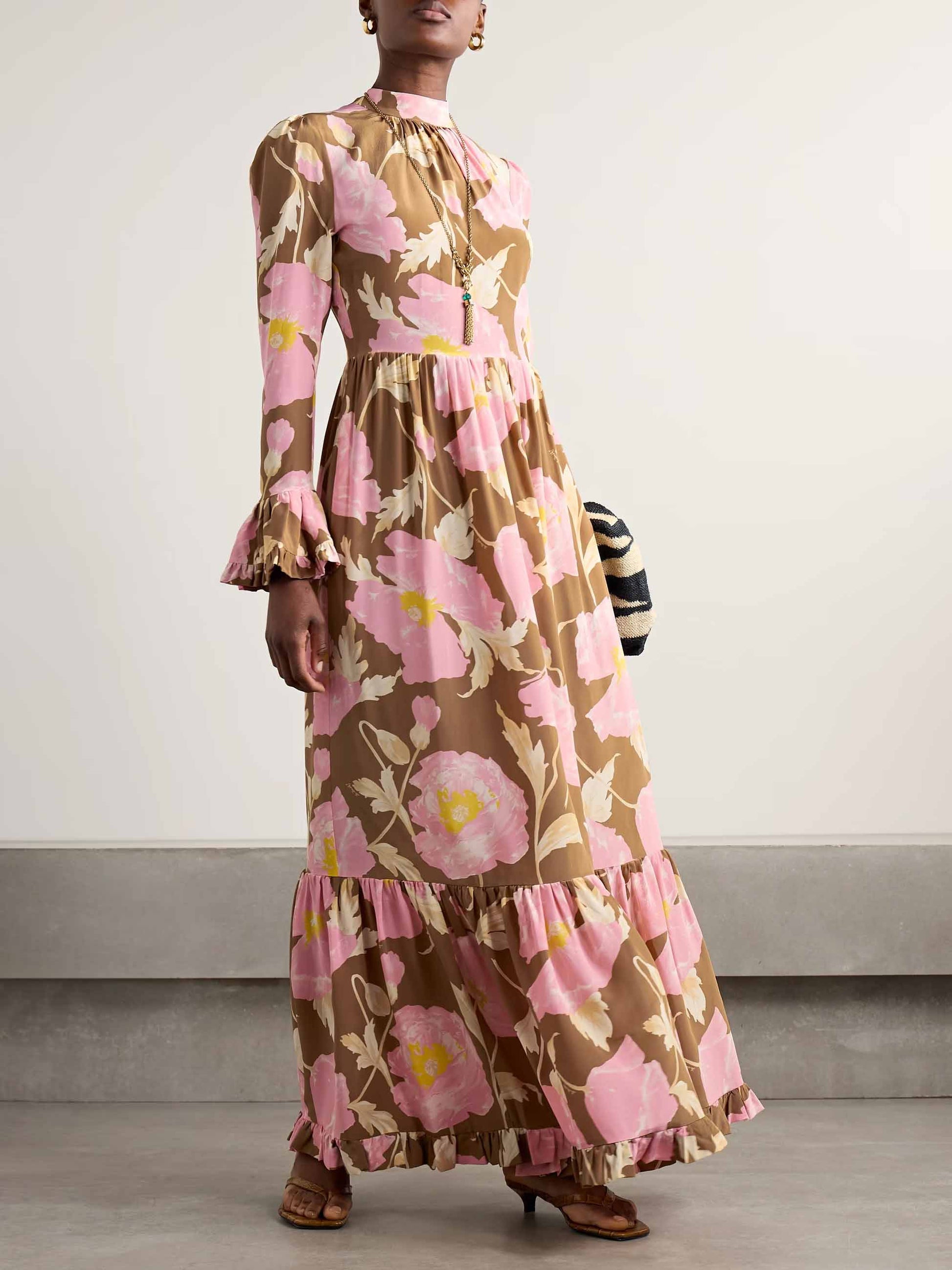 Retro Tiered Ruffled Floral Print Maxi Dress Brown & pink