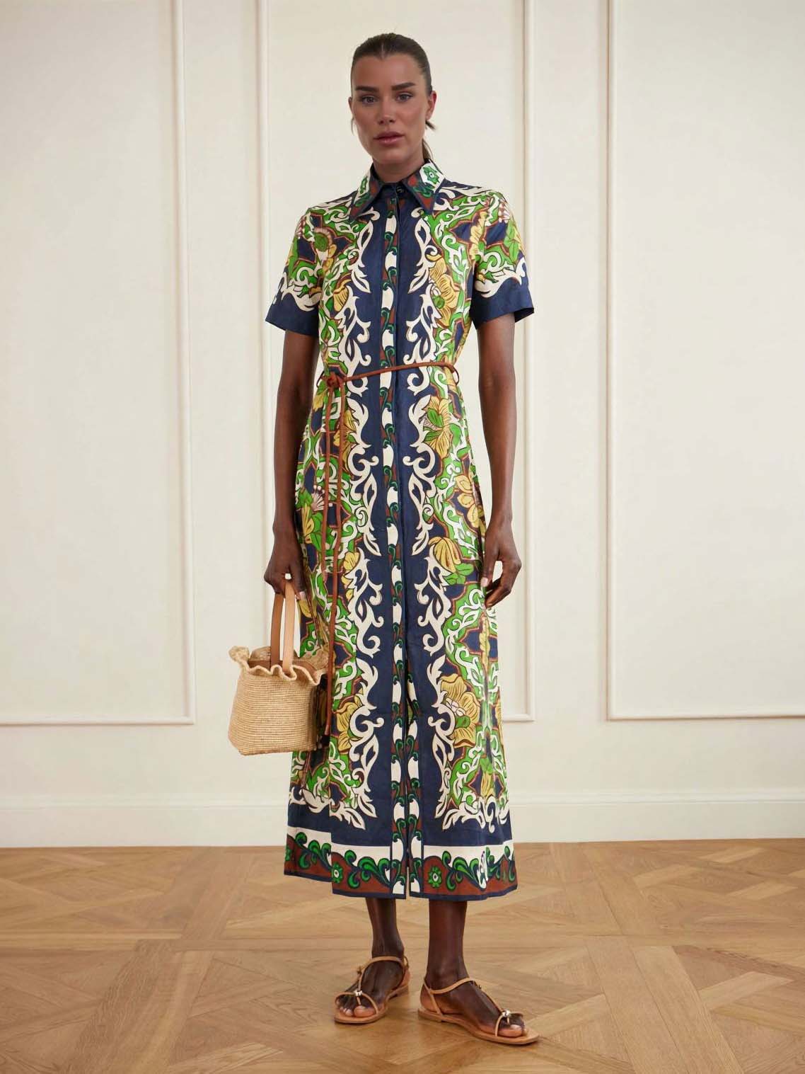 Casual Bohemian Style Bar Print Shirt Collar Ti Meani Dress Multi