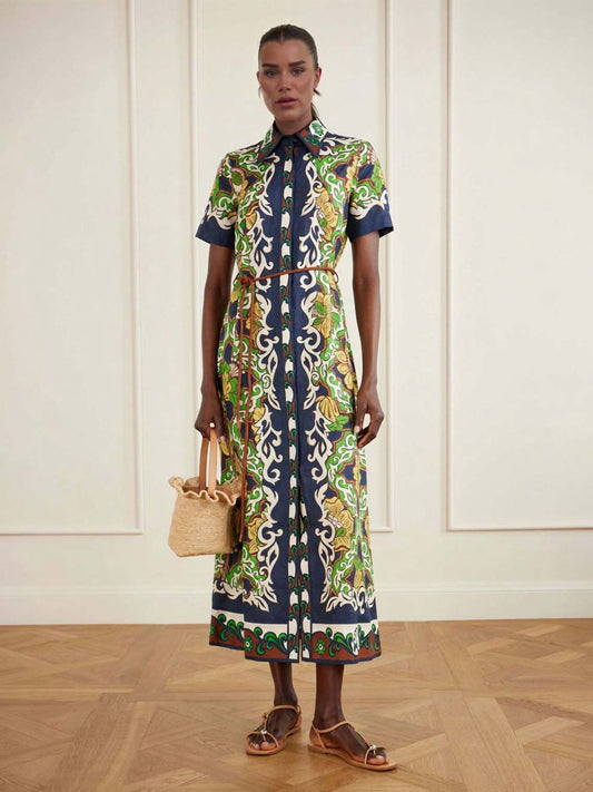 Casual Bohemian Style Bar Print Shirt Collar Ti Meani Dress Multi