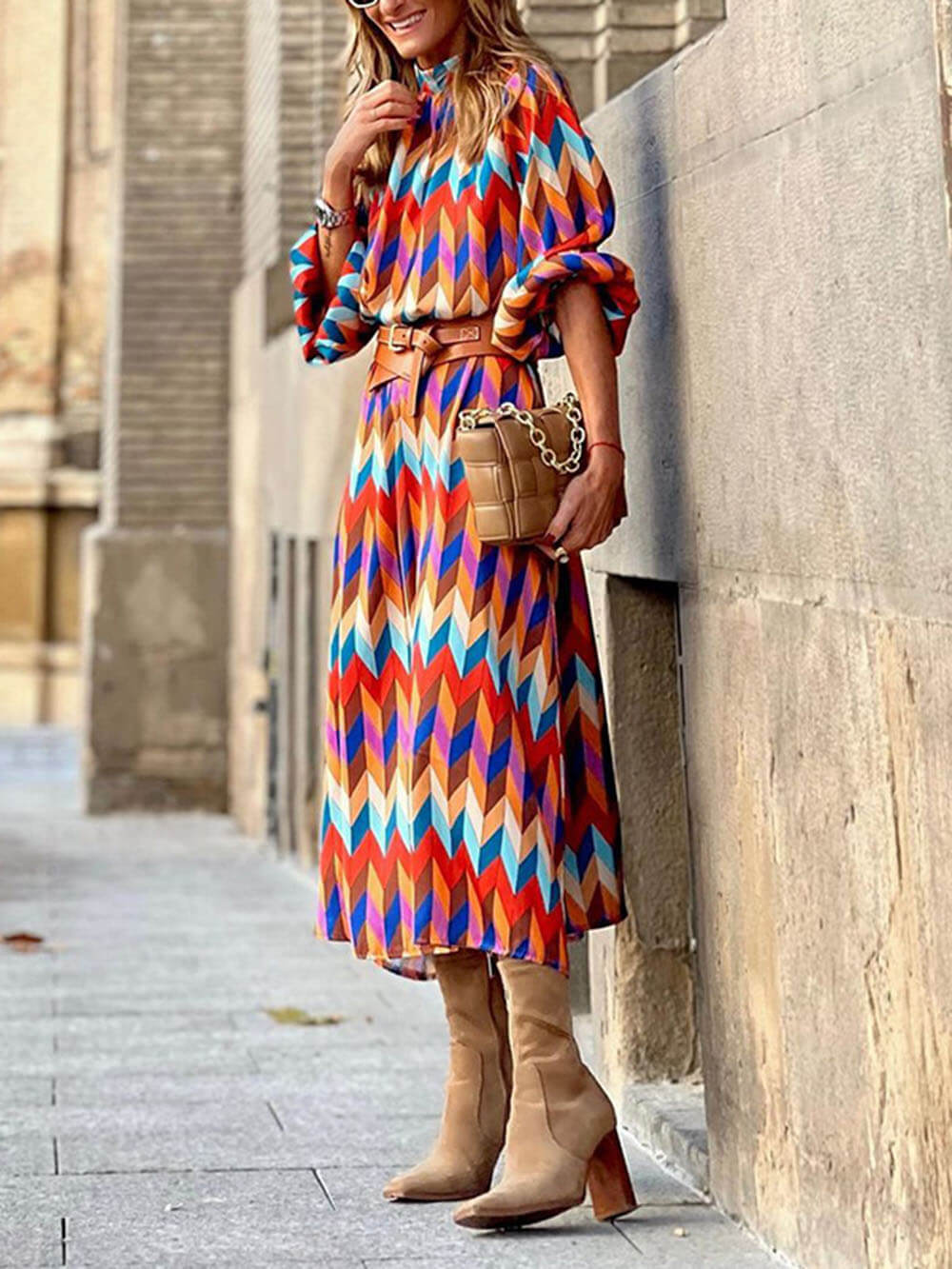 Fashionable And Unique Rainbow Print Stand Collar Long Sleeve Midi Dress Multicolor
