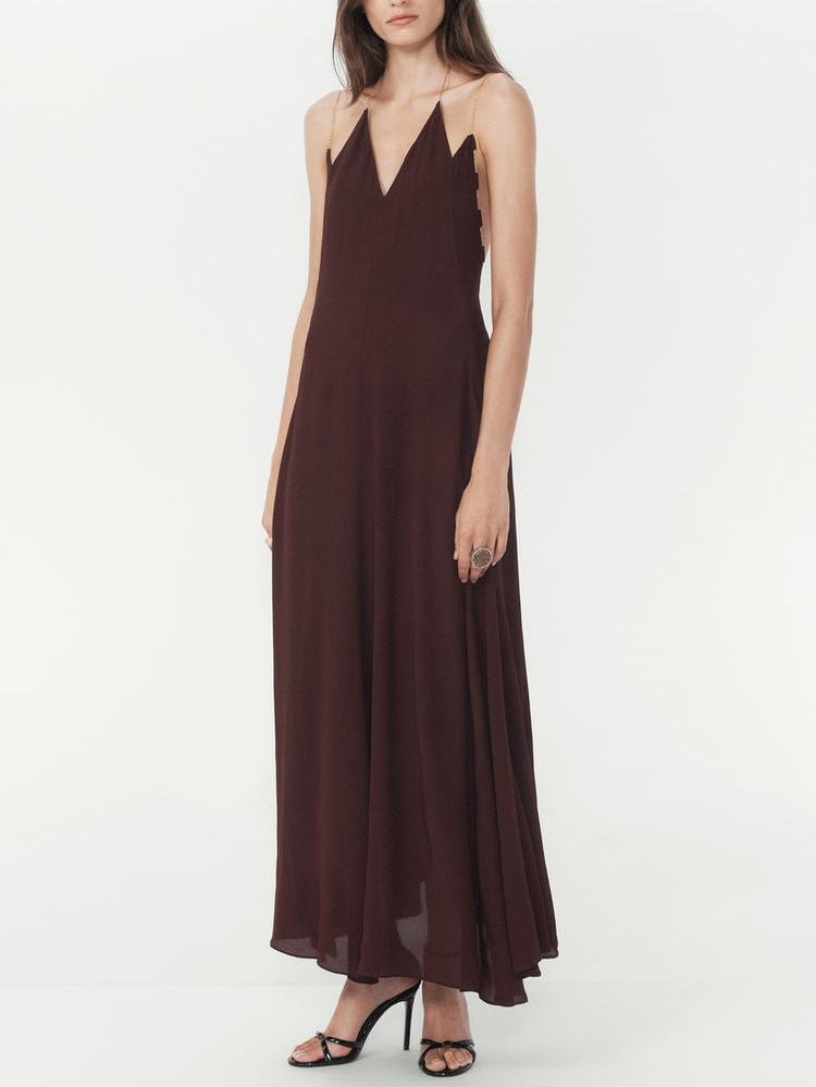 Elegant Chain-Strap Deep V-Neck Maxi Dress Red