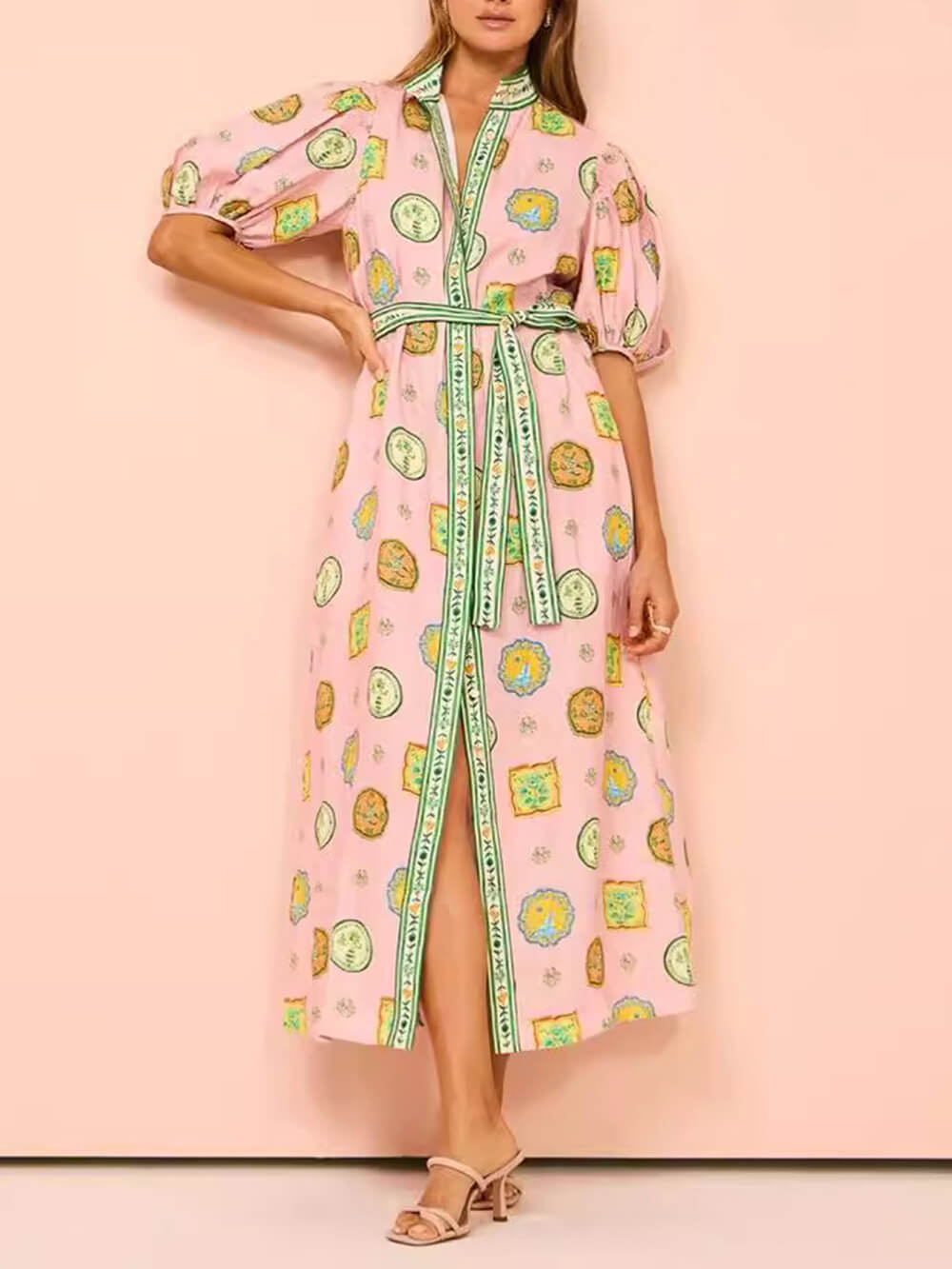 Unique Linen Graffiti Print Lantern Sleeve Maxi Dress Pink