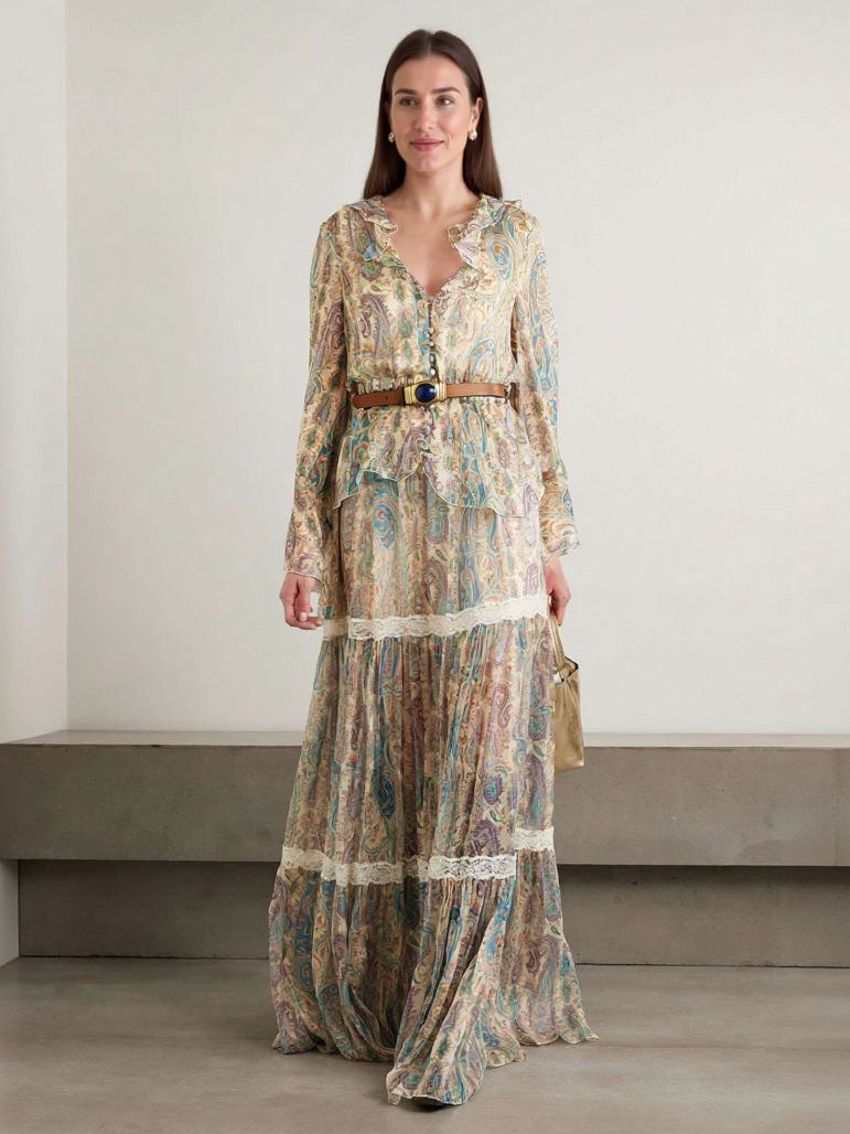 Exquisite Paisley Print Ruffle Collar Shirt Multi Set