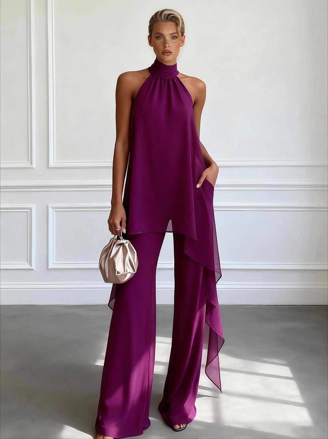 Elegant Halter Neck Asymmetric Chiffon Top & Wide-Leg Pants Set Purple