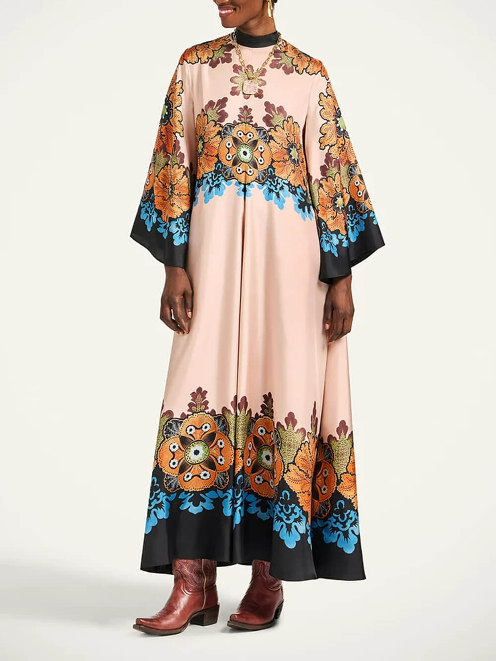 Exquisite Floral Print V-Neck Loose-Fit Maxi Dress Orange