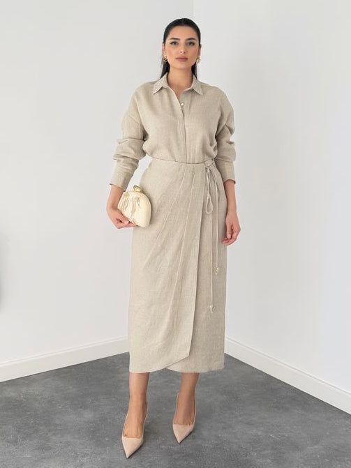 Casual Tie-front Shirt Two-piece Set Apricot