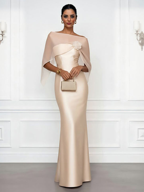 Elegant Shawl-Style Satin Mermaid Maxi Dress Cream