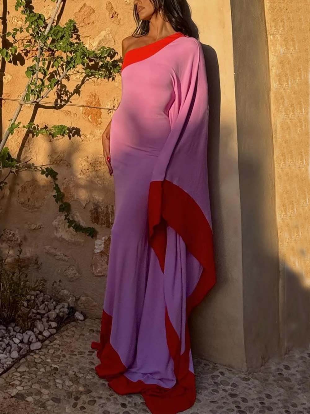 Exquisite One-Shoulder Colorblock Draped Maxi Dress Pink