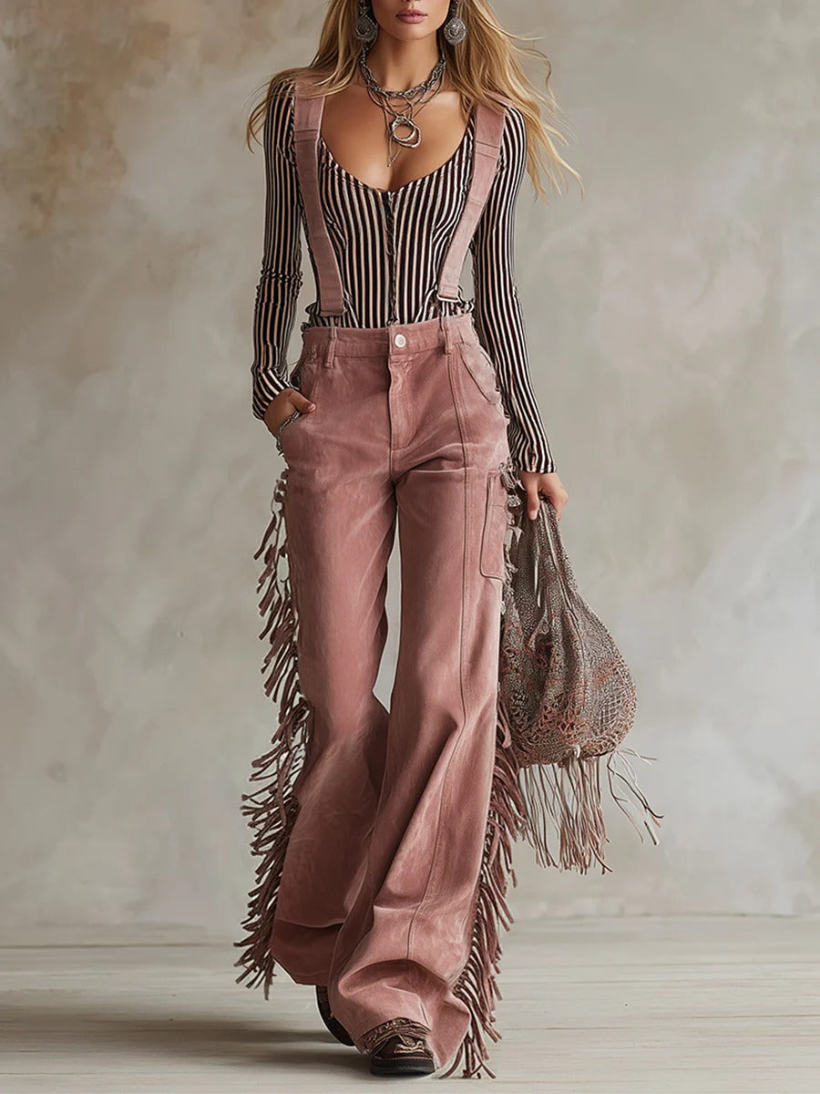 Casual Tassel Overalls Two-piece Set Pink Set