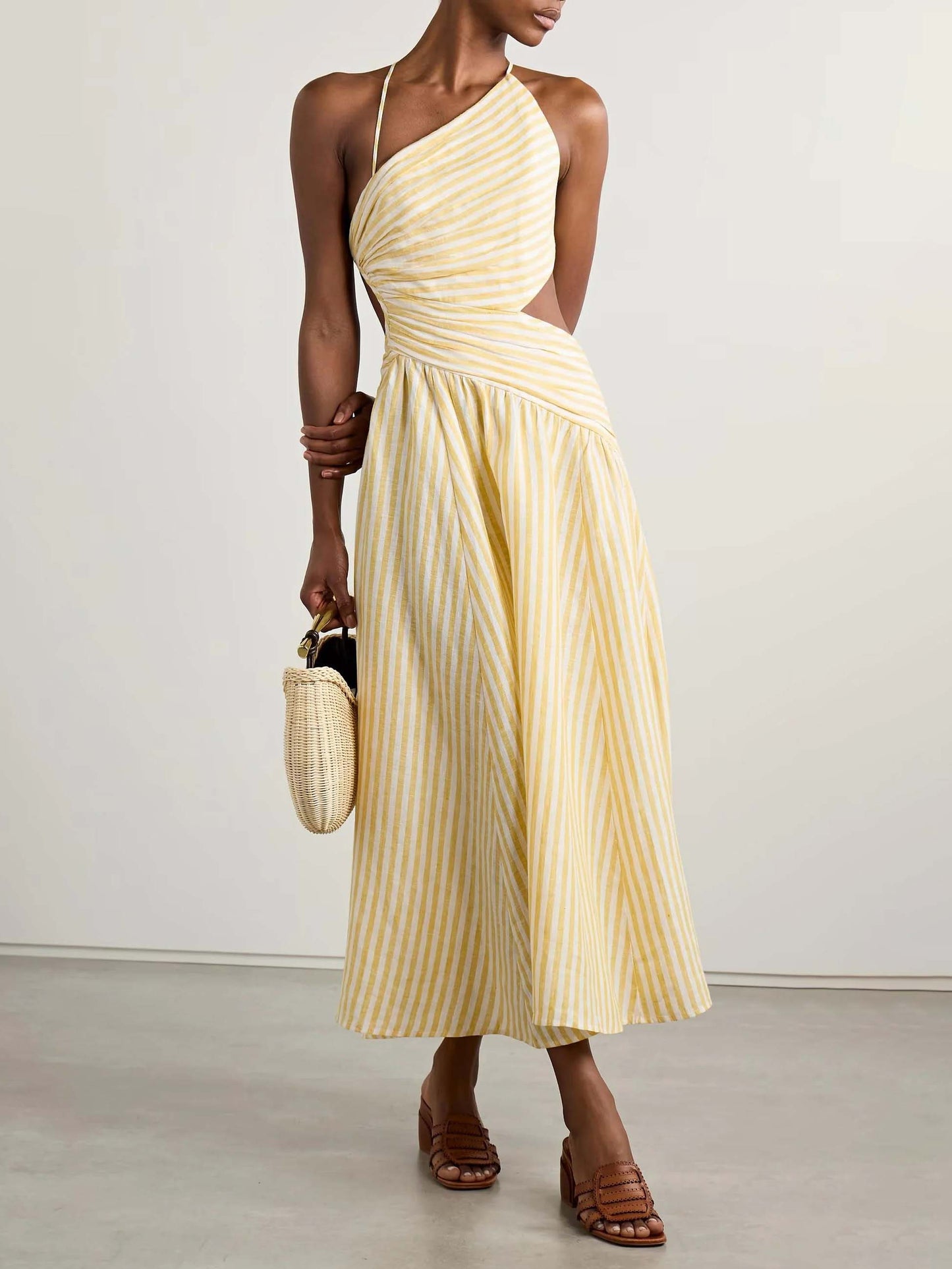 Exquisite Casual Hollow Pleated Striped Print Midi Dress Yellow