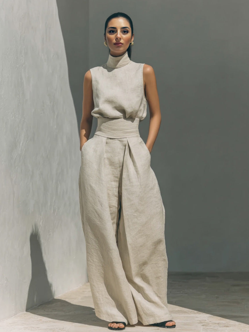 Elegant Linen High-Neck Top & Wide-Leg Pants Two-Piece Set Apricot