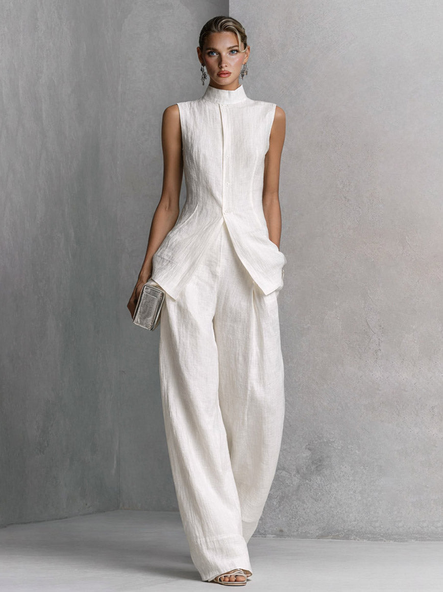 Minimalist Sleeveless High-Neck Top & Wide Leg Pants Set White