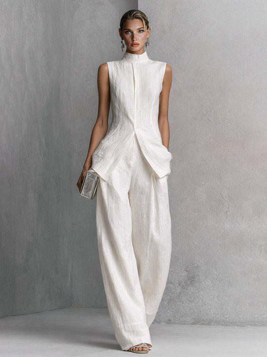 Minimalist Sleeveless High-Neck Top & Wide Leg Pants Set White