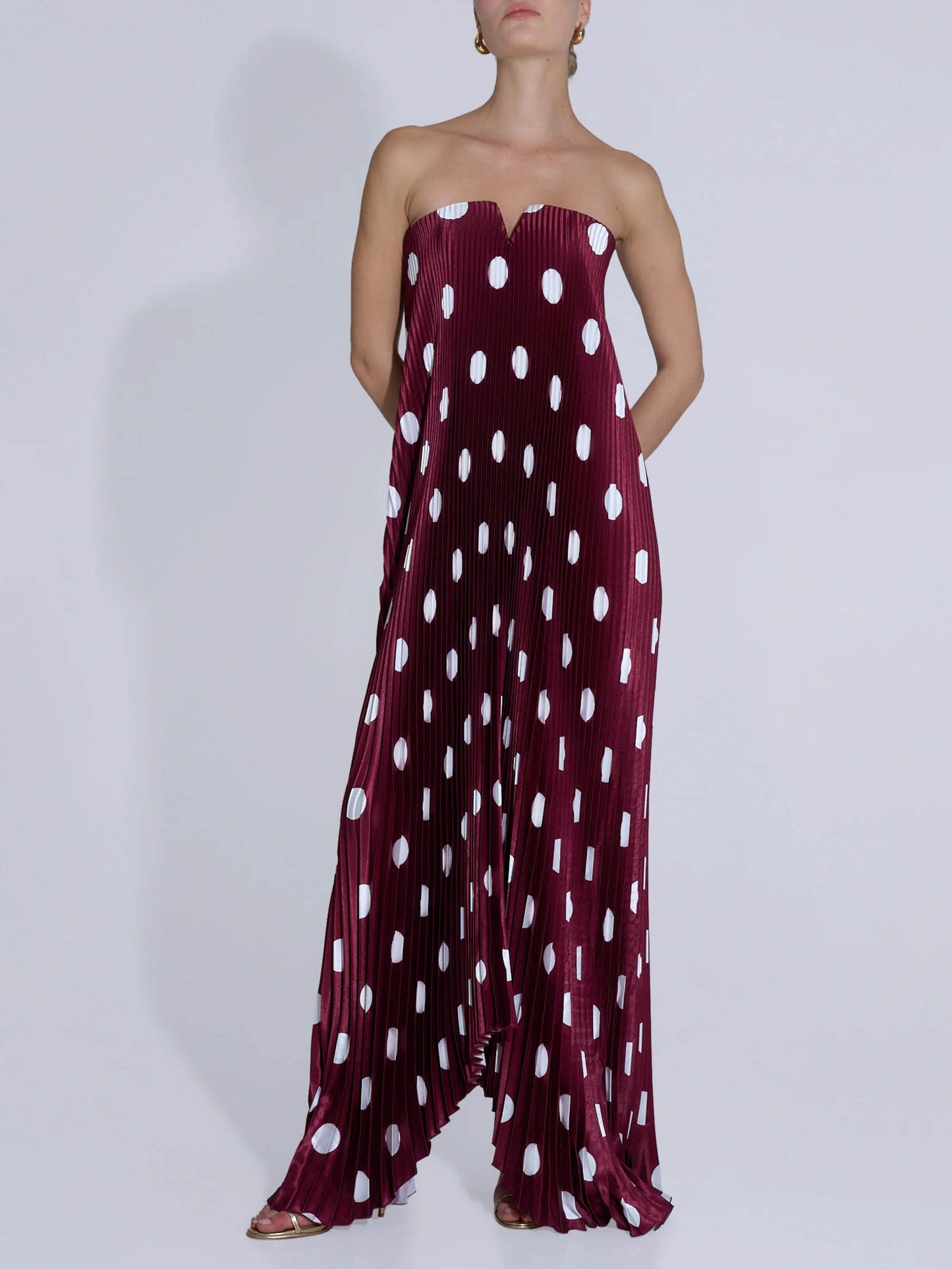 Elegant Strapless Polka Dot Print Pleated Maxi Dress Red