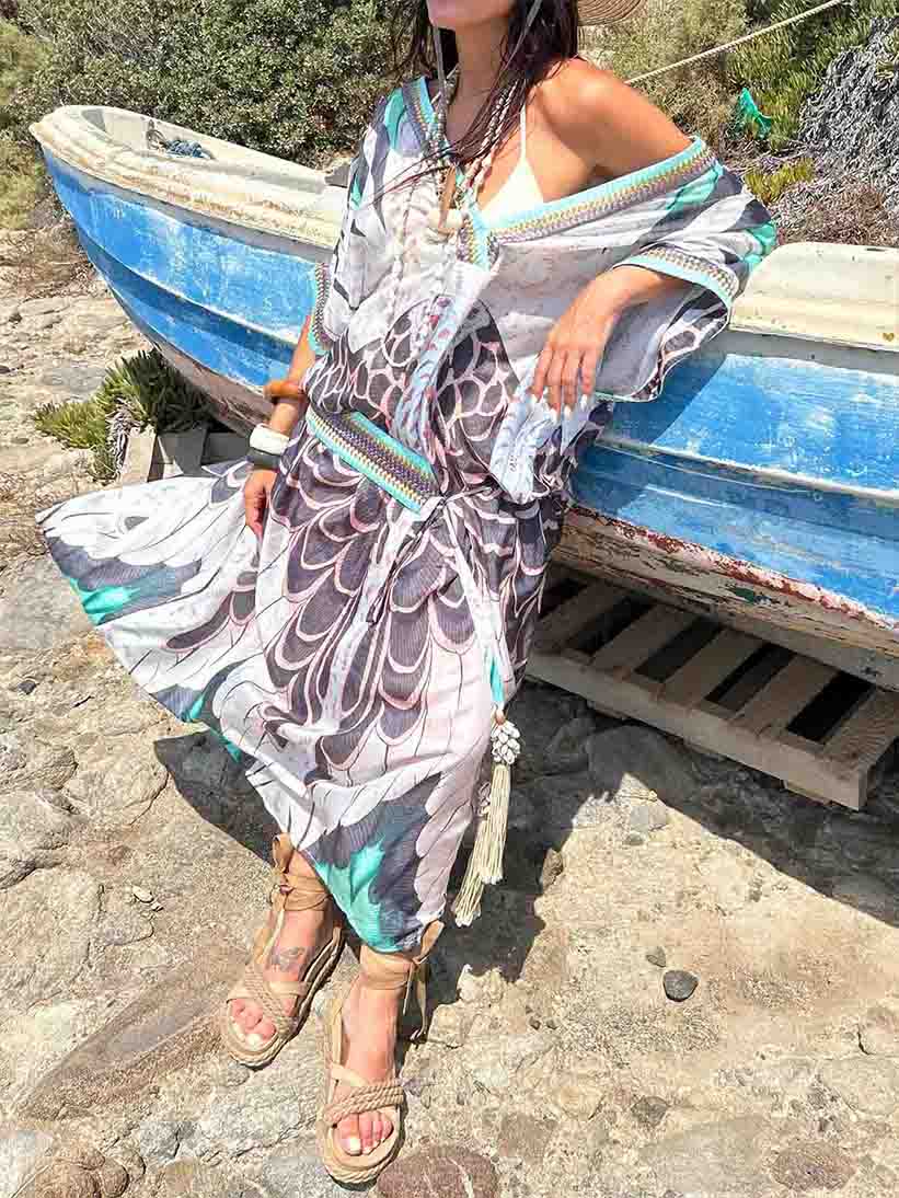 Exquisite Abstract Print V-neck Robe Maxi Dress Multi