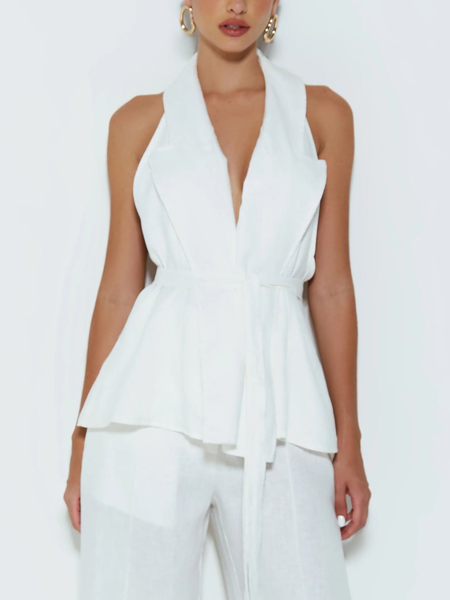 Fashionable Halter Neck Belted Top White