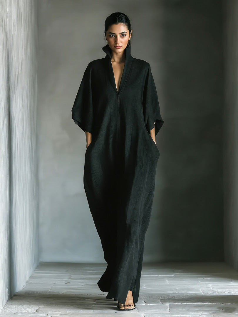 Elegant High-Neck Batwing Sleeve Maxi Dress Black