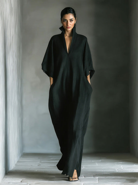 Elegant High-Neck Batwing Sleeve Maxi Dress Black
