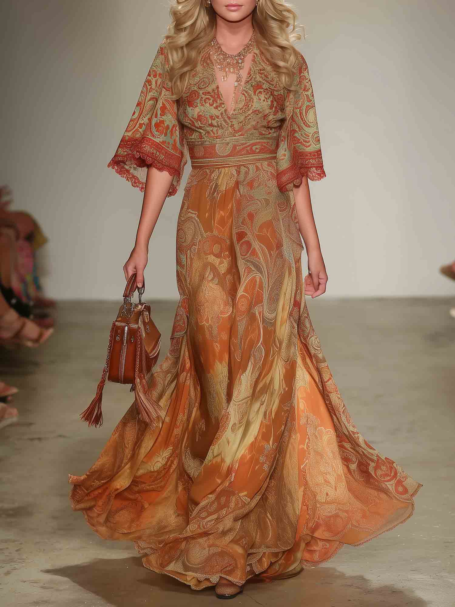 Elegant Retro Paisley Print V-Neck Maxi Dress Orange