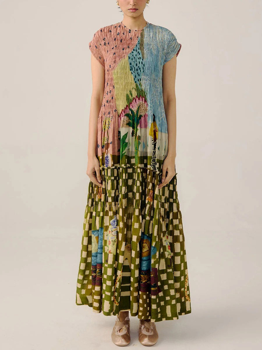 Retro Pleated Print Maxi Dress Multi