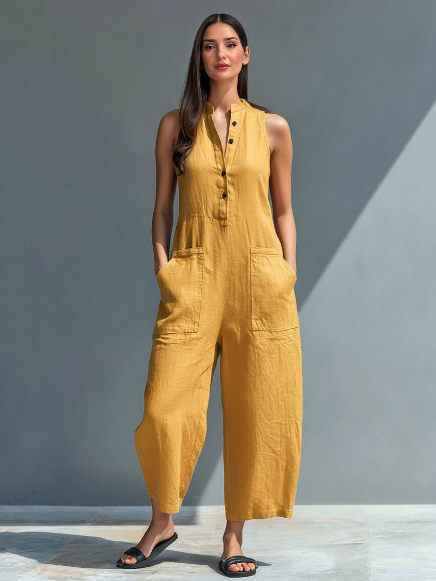 Casual Button-Front Sleeveless Loose Jumpsuit Yellow