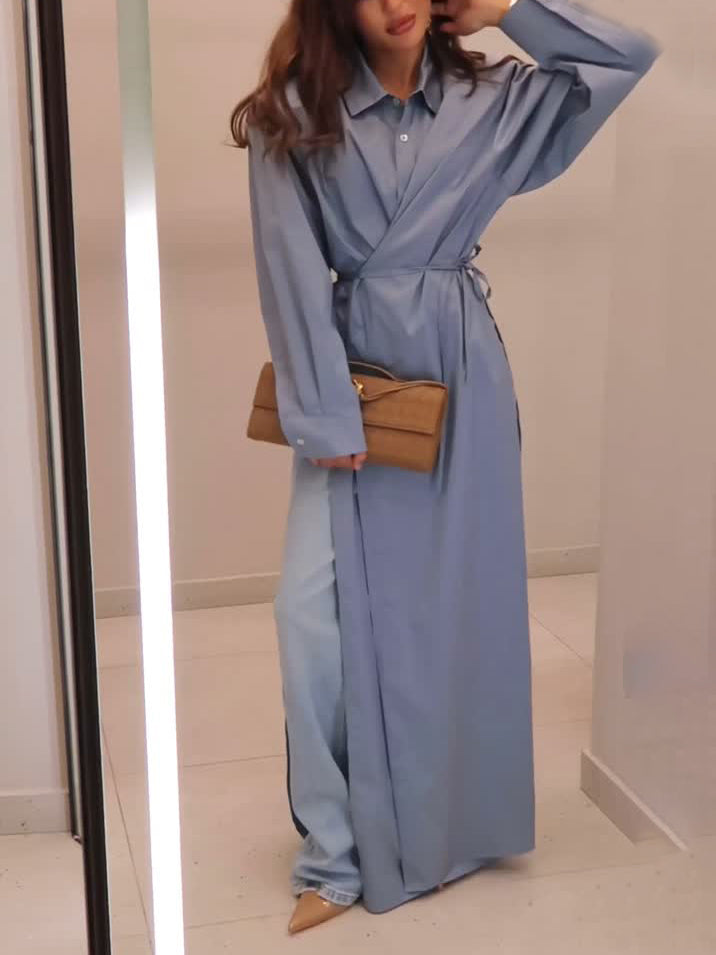 Casual Slit Cotton Shirt Maxi Dress Blue