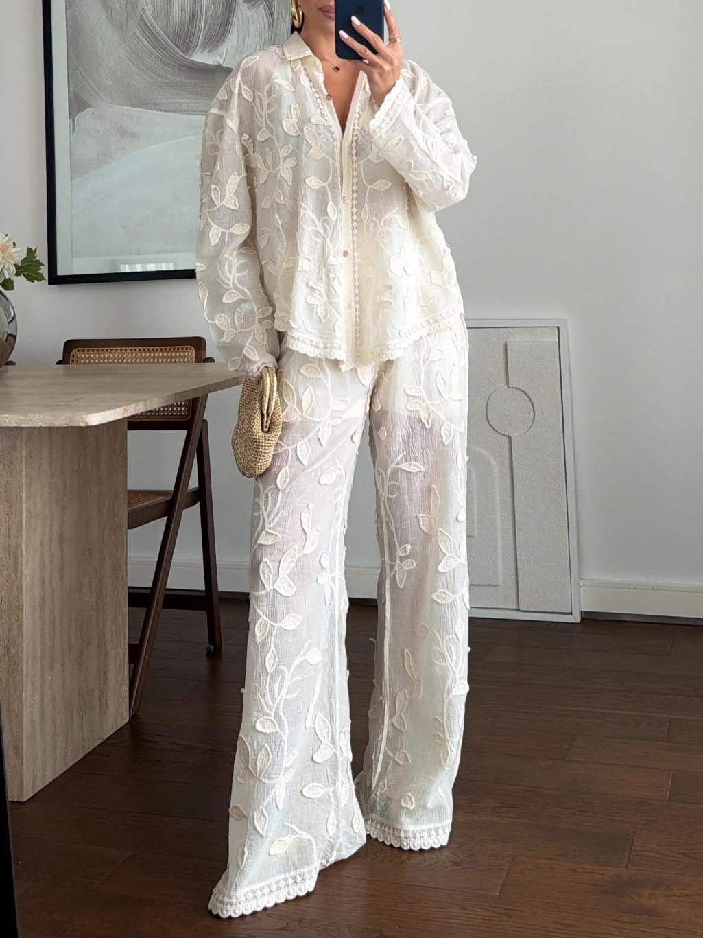 Unique Resort Jacquard Casual Loose Two-Piece Set Cream Set