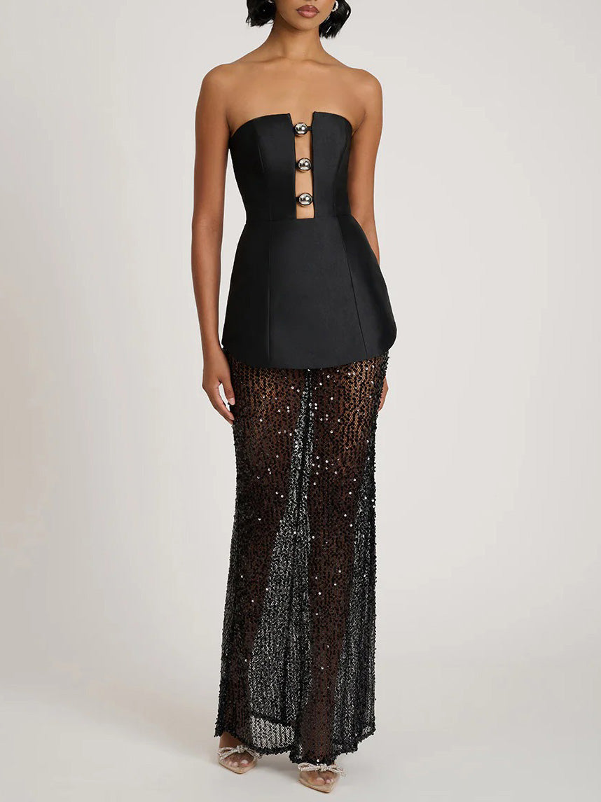 Elegant Bandeau Neck Sequined Maxi Dress Black