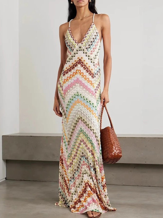 Unique Knit Colorful Herringbone Open Back Maxi Dress Multi