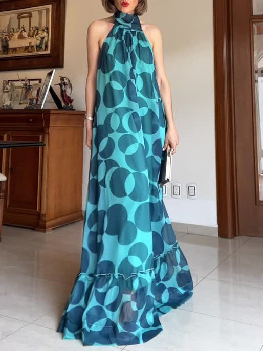 Elegant Halterneck Abstract Print Chiffon Flowy Maxi Dress Blue