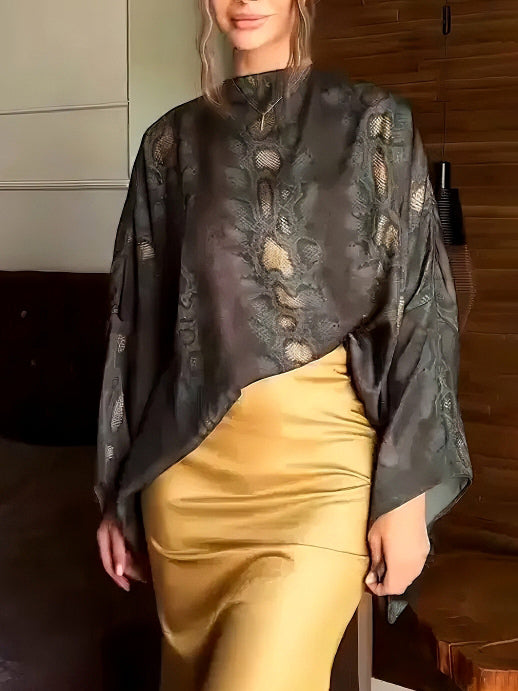 Exquisite Oversized Jacquard Batwing Sleeve Blouse Brown