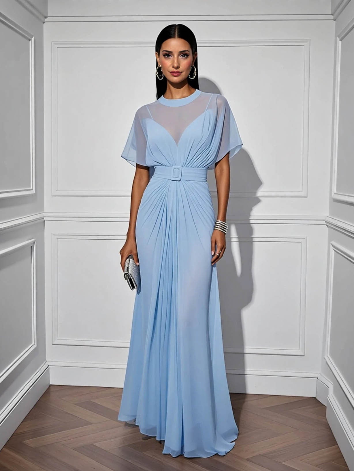 Elegant Chiffon Sheer-Neck Pleated Maxi Dress Blue