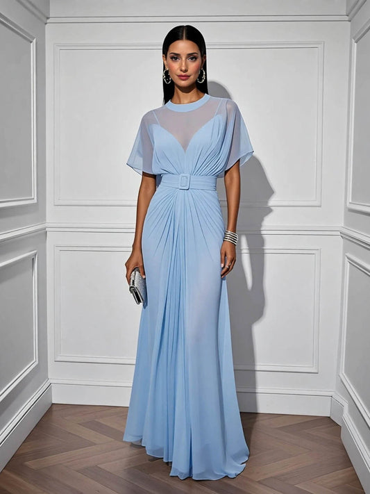 Elegant Chiffon Sheer-Neck Pleated Maxi Dress Blue