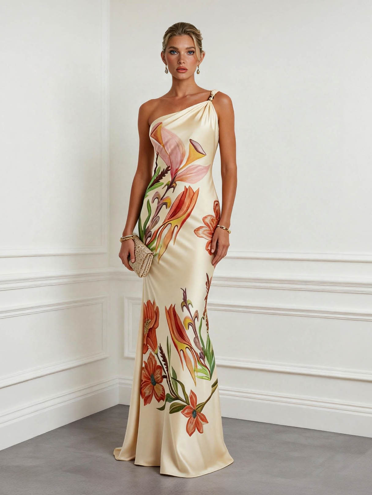 Elegant One-Shoulder Floral Print Satin Maxi Dress Cream