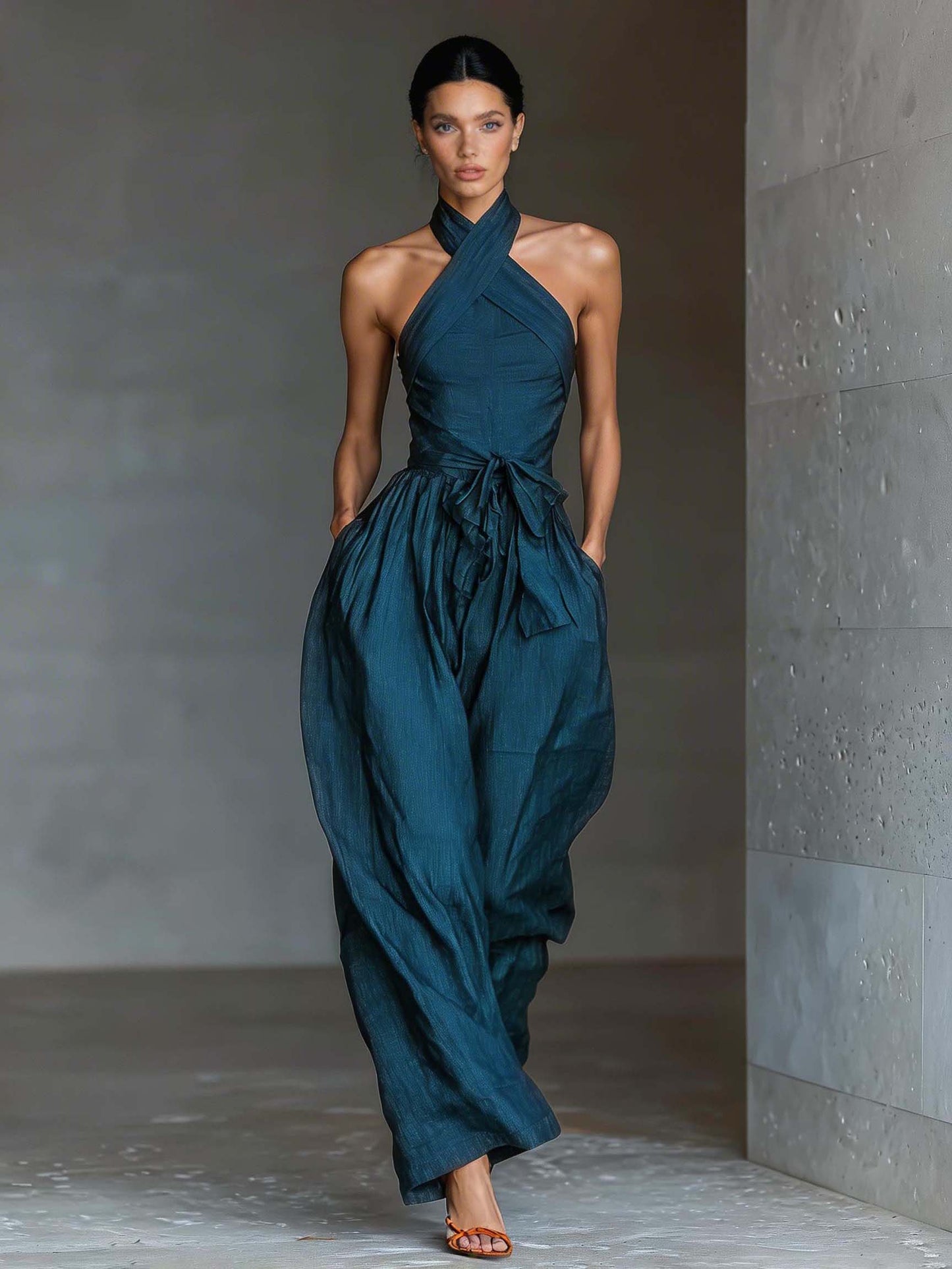 Elegant Sleeveless Cross-Front Wide-Leg Jumpsuit Blue