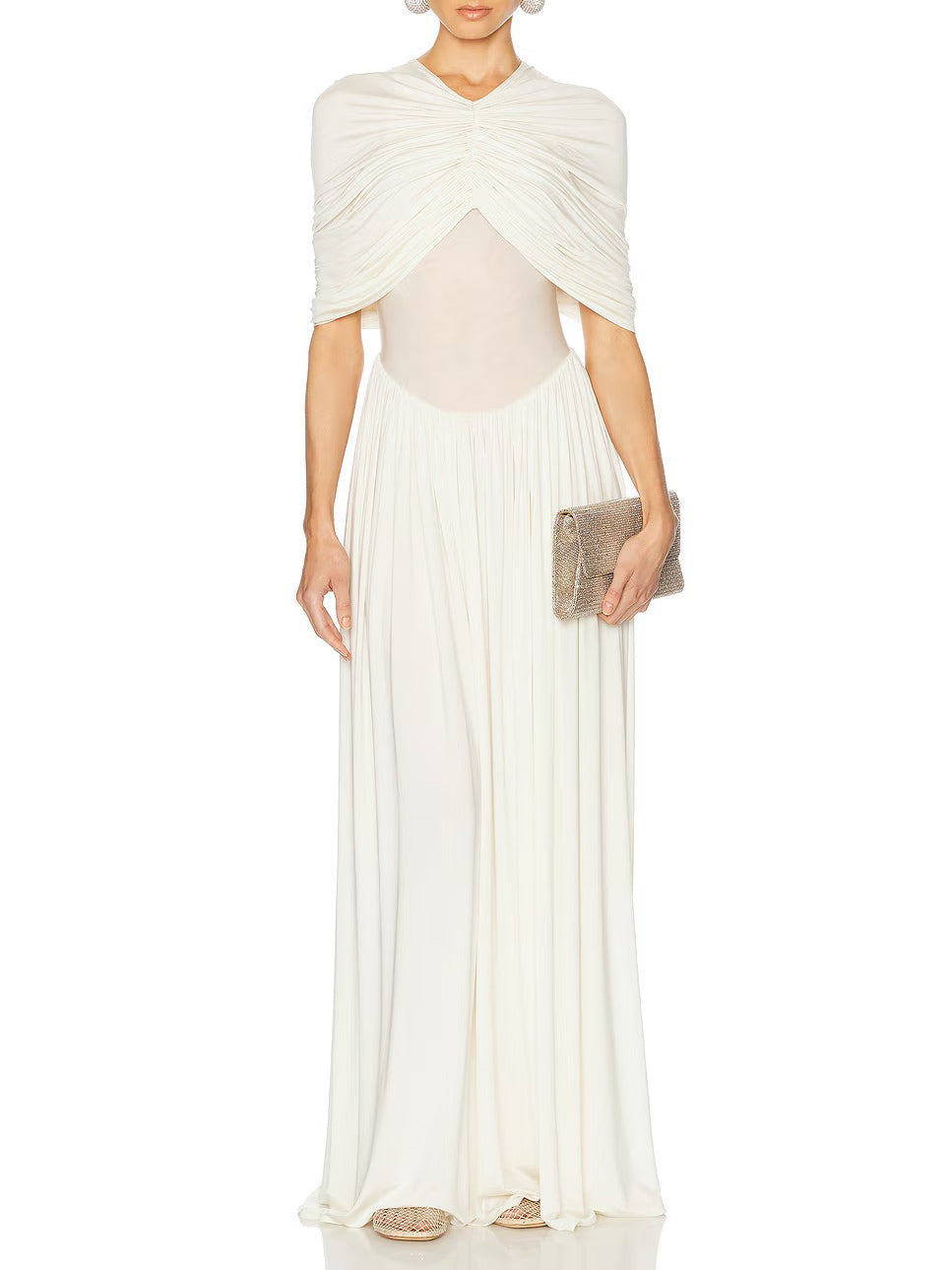 Elegant V-neck Pleated Maxi Dress White