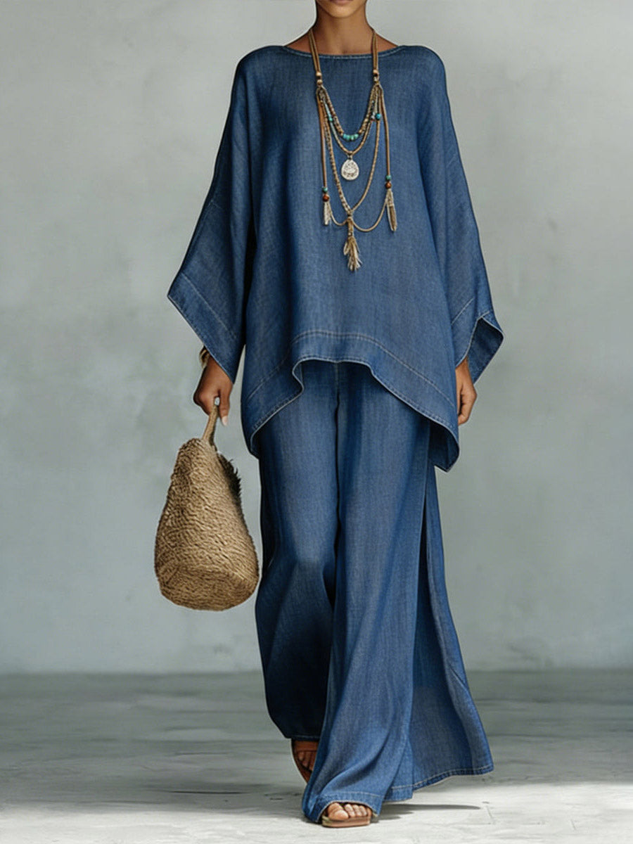 Casual Denim Batwing Asymmetrical Top & Wide Leg Pants Set Blue Set
