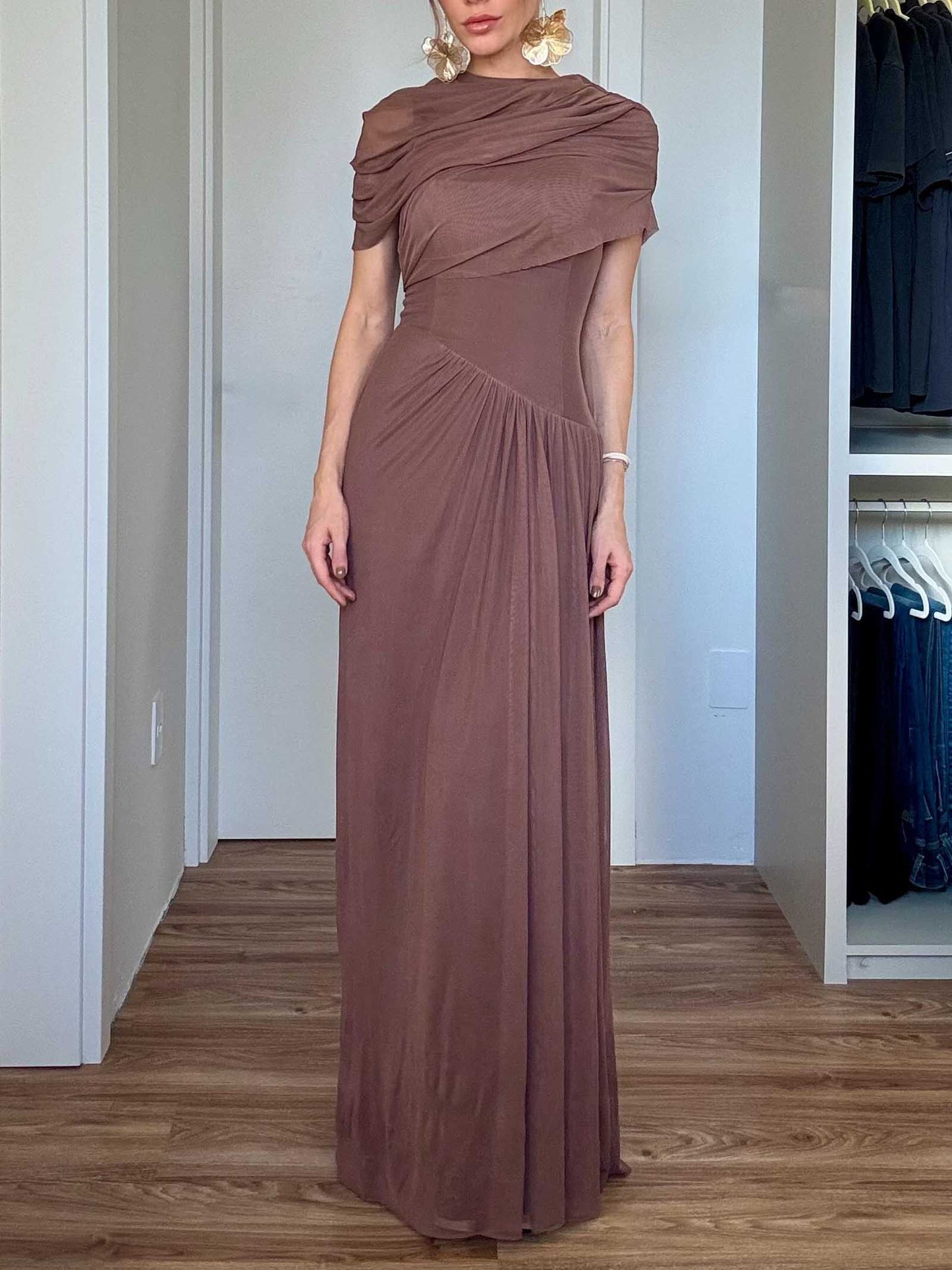 Elegant Asymmetrical Pleated Mesh Short-sleeved Maxi Dress Brown
