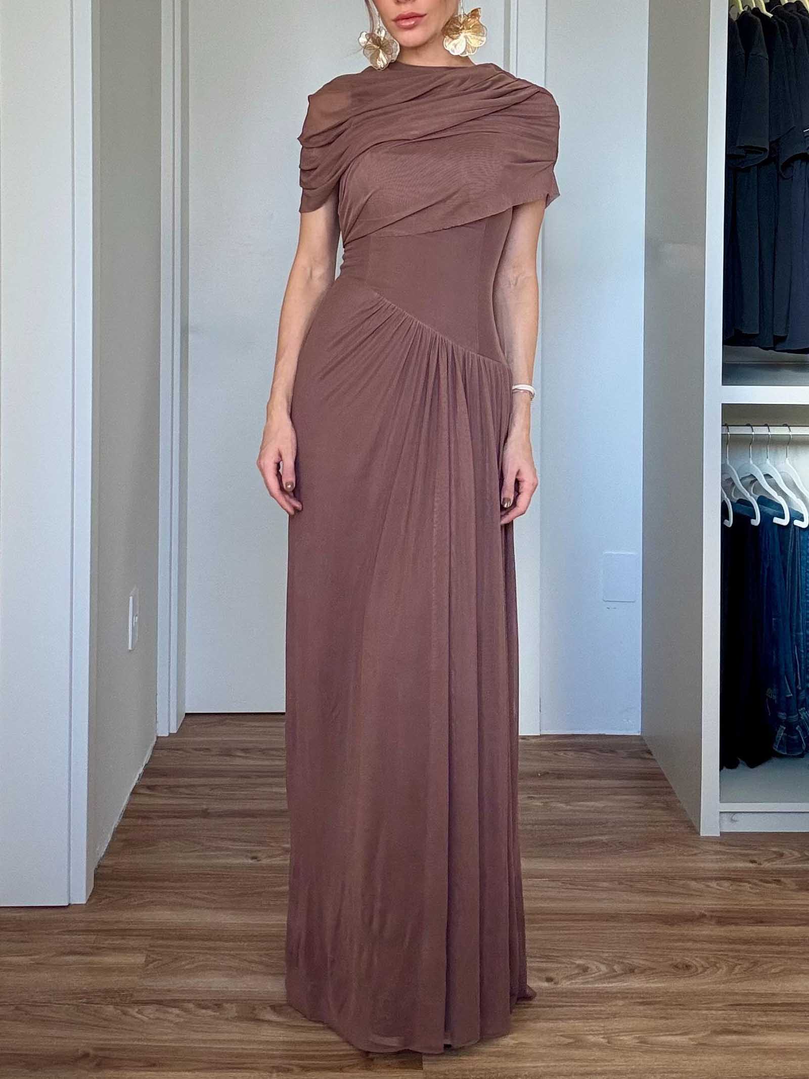 Elegant Asymmetrical Pleated Mesh Short-sleeved Maxi Dress Brown