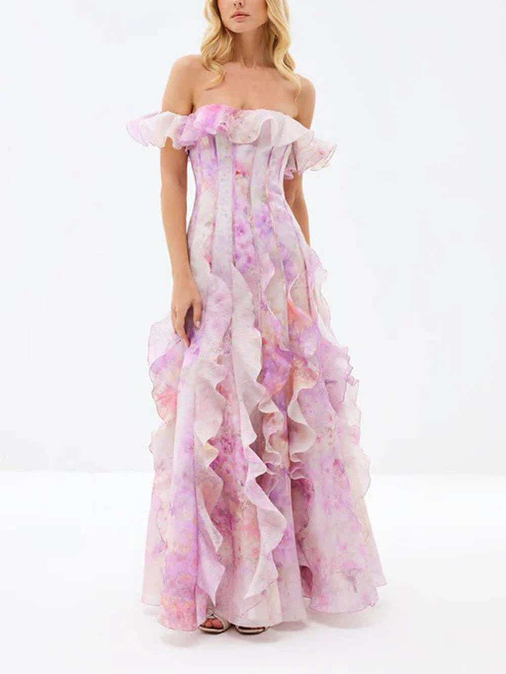 Casual Vacation-Style Strappy Floral Ruffle Maxi Dress Pink