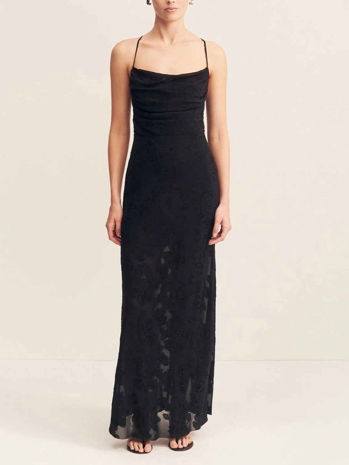 Elegant Transparent Jacquard Drape Neck Maxi Dress Black