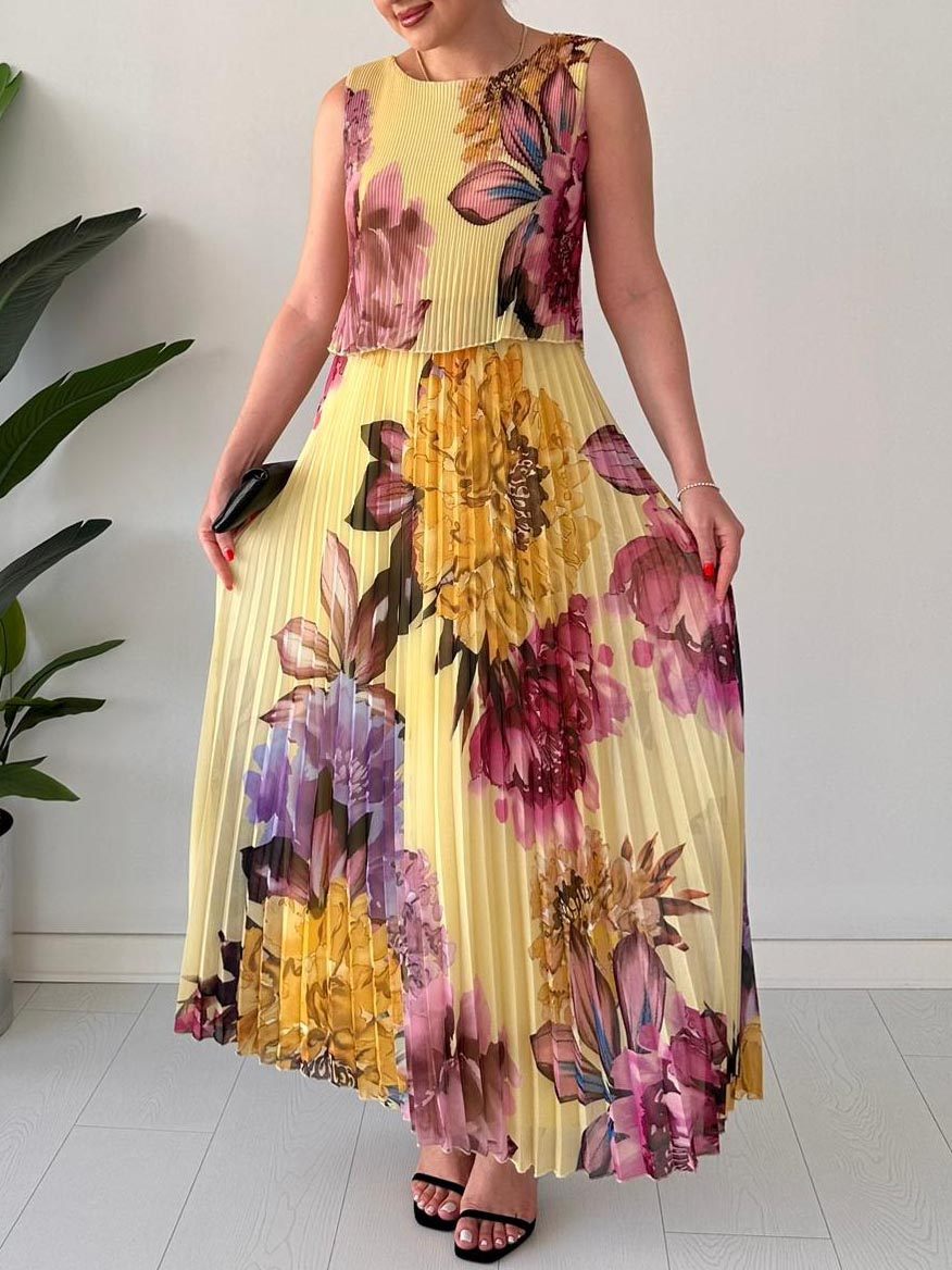 Elegant Double-layered Pleated Chiffon Printed Maxi Dress Yellow