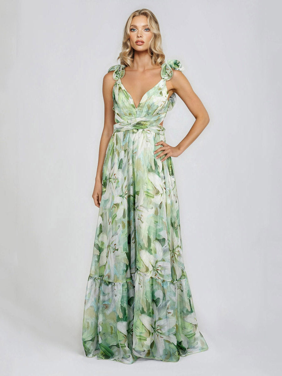Elegant Lily Print Tiered Ruffle Shoulder Maxi Dress Green